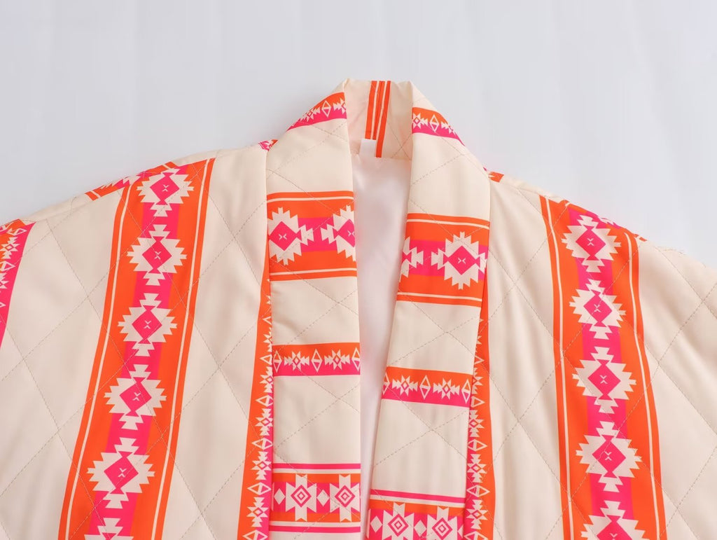 Printed Without Buckle Thin Pocket Cotton Coat Jacket Women