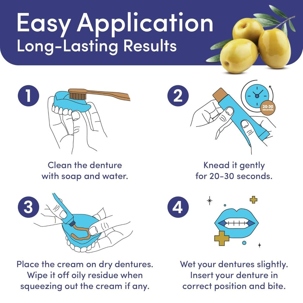 Denture Adhesive Cream Zinc-Free Olive Oil Formula, All Day for Full & Partial Dentures Petroleum-Free — image 3