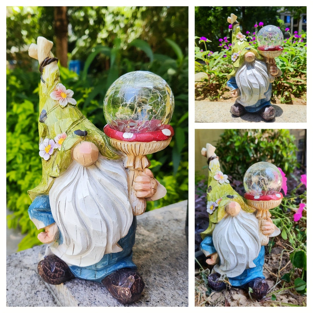 Solar Garden Gnome Statue with LED Magical Ball Light Outdoor Resin Dwarf Sculpture IP44 Waterproof Spring Yard Patio Decor H