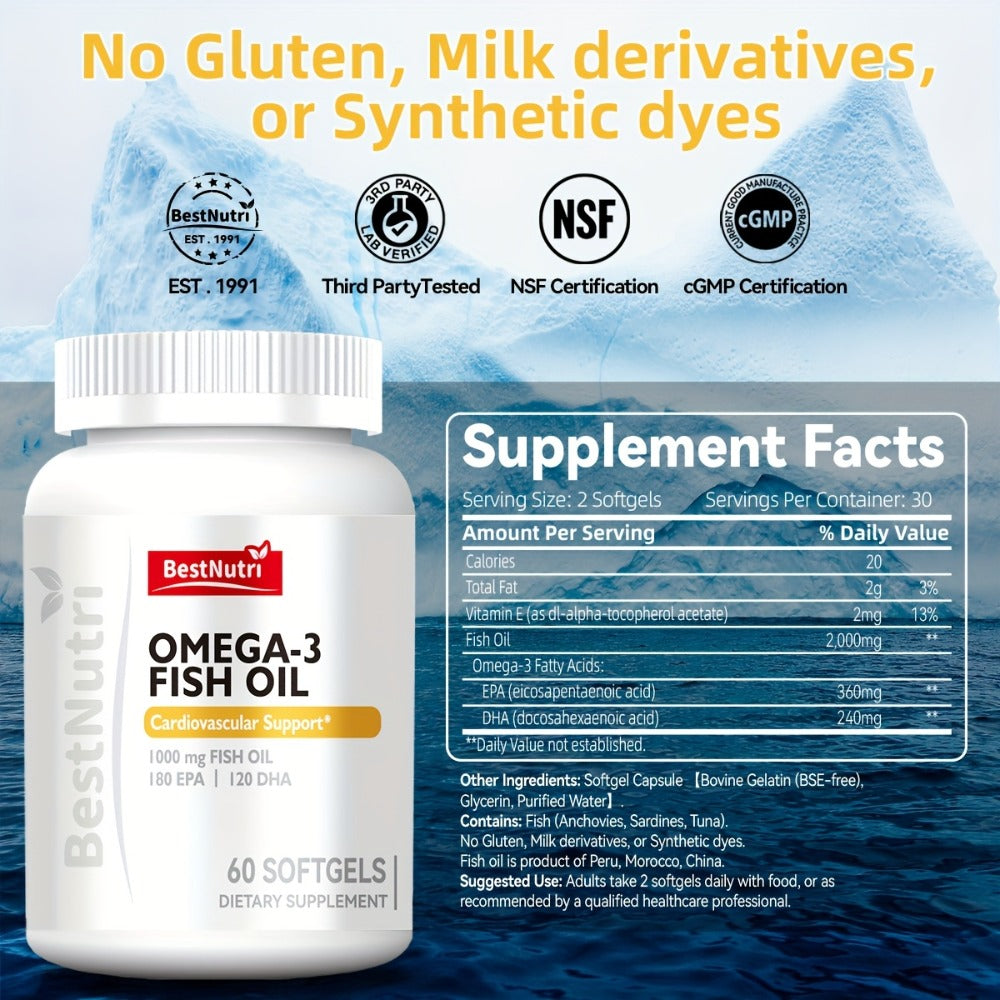 Omega-3 Fish Oil 2000mg Softgels with EPA & DHA, Cold-Extracted CGMP, Brain Vitality Heart Health Anti-Inflammatory Support —