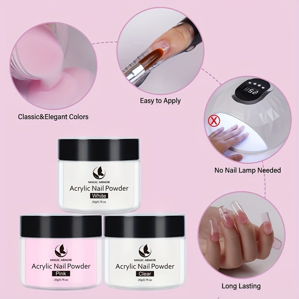 Acrylic Nail Kit with Clear Pink White Powders, Liquid Monomer, Four Brushes, Forms and Mixing Dish — image 2