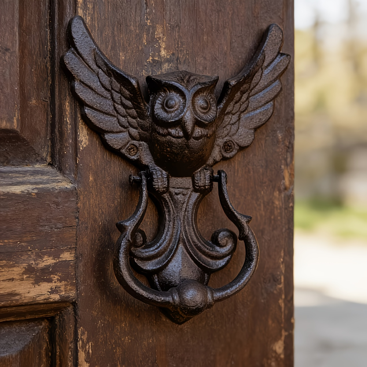Owl Door Knocker Heavy Duty Cast Iron Winged Old Country Style Feather Detail Rustic Home Entryway Decoration Craft Gift — im