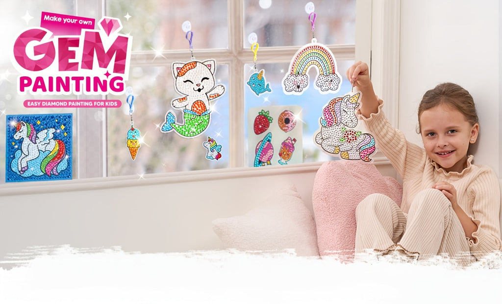 Diamond Gem Painting Kit for Girls Ages 6+ 16 Projects, 5D Gem Art Set with 2800+ Gems Unicorn Suncatchers Keychains Necklace