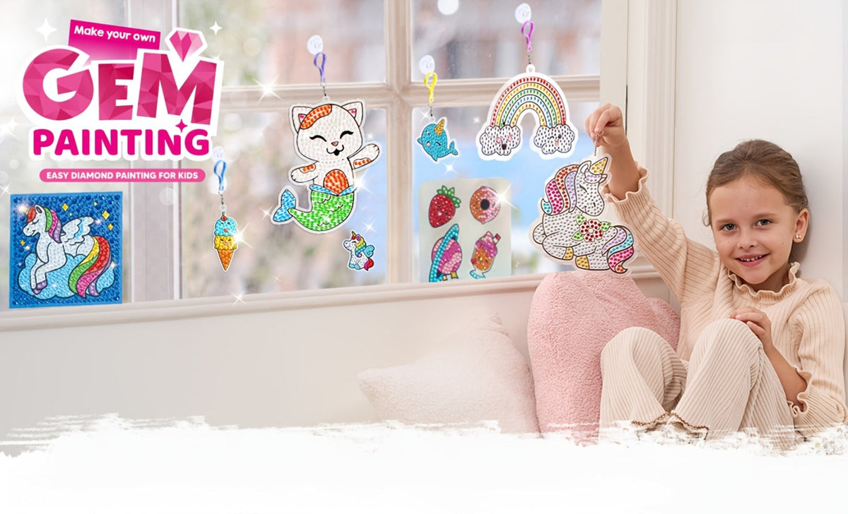 Diamond Gem Painting Kit for Girls Ages 6+ 16 Projects, 5D Gem Art Set with 2800+ Gems Unicorn Suncatchers Keychains Necklace