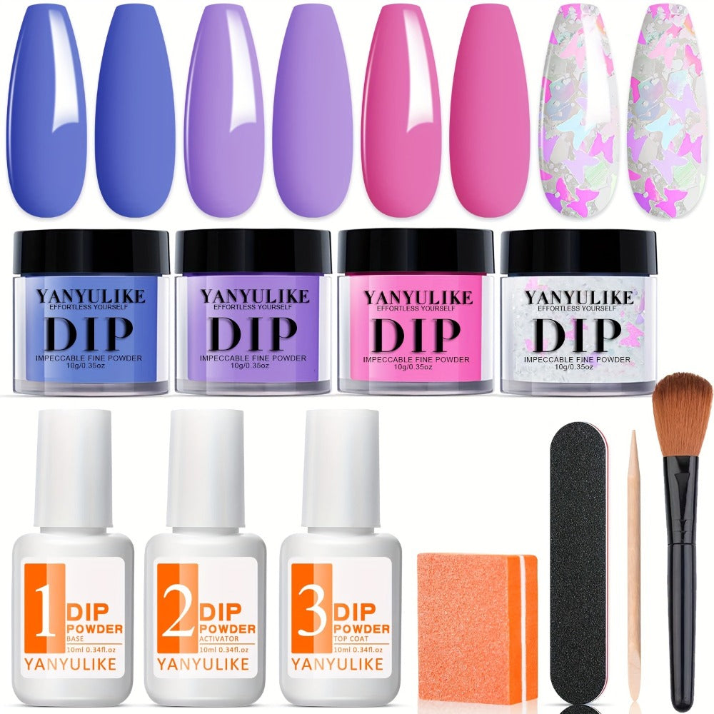 Dip Powder Nail Kit with YANYILIKE Label, Blue Lilac Pink Butterfly Glitter Powders and Three 10ml Liquids — image 1