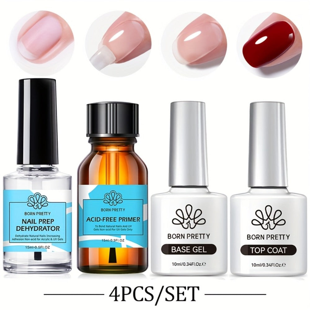 Gel Nail Prep Kit 4-Piece BORN PRETTY – Nail Dehydrator 15ml, Primer 15ml, Base Gel 10ml & Super Top Coat 10ml for Semi-Perma