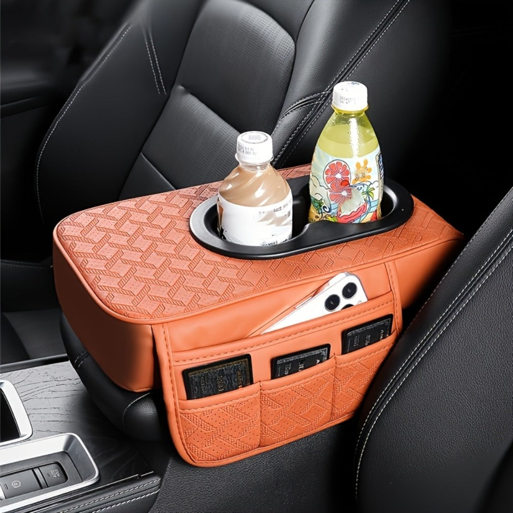 Car Center Console Cover PU Leather – Universal Armrest Box Mat with 2 Cup Holders & 2 Side Pockets, Phone & Card Storage — i