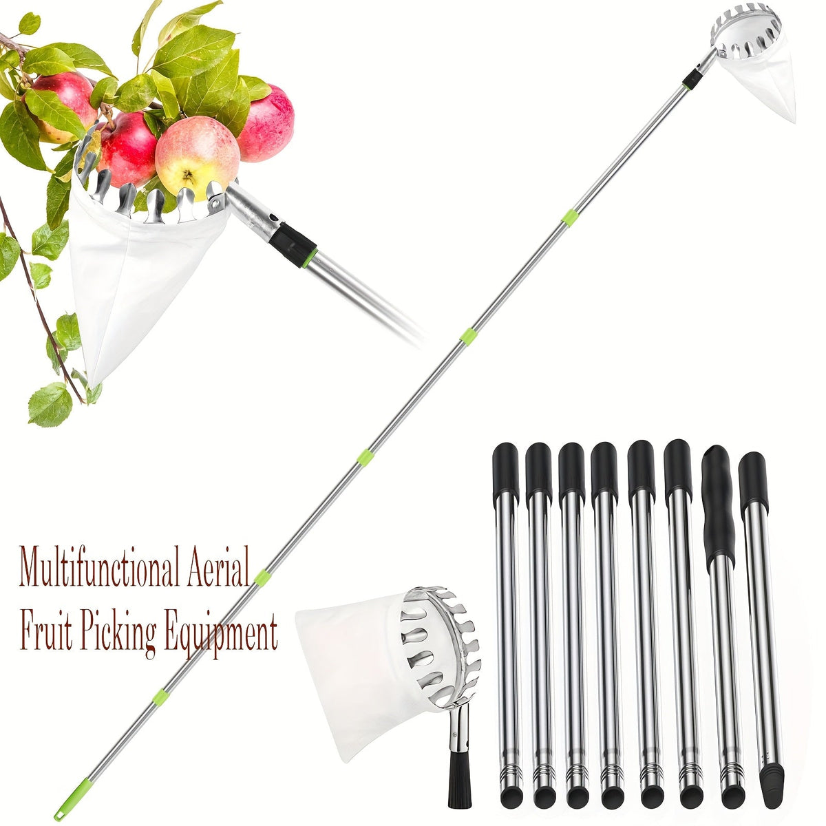 Stainless Steel Fruit Picker with Adjustable 63 to 157 Inch Extension Pole and Non-Slip Handle for Orchard Harvesting — image