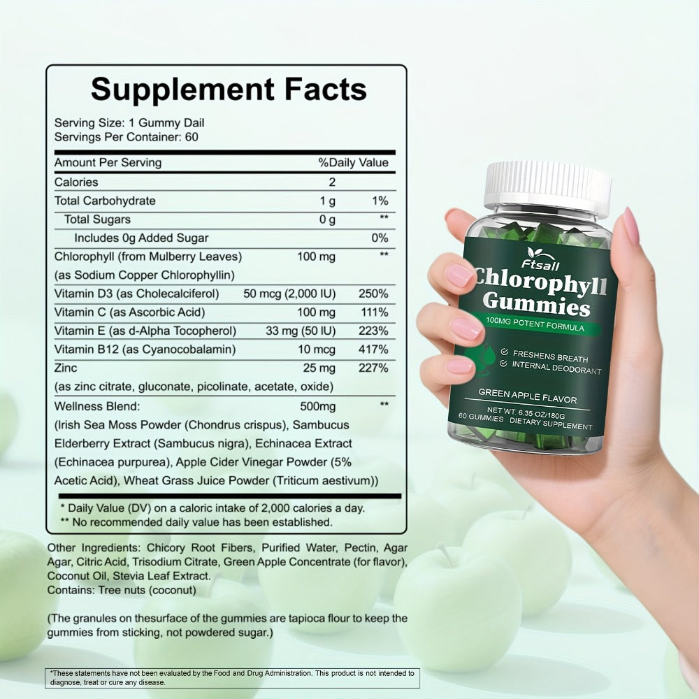 Chlorophyll Gummies 60 Count with Vitamin C D3 E B12 Zinc Irish Sea Moss Elderberry Echinacea & Apple Cider Vinegar — image 6