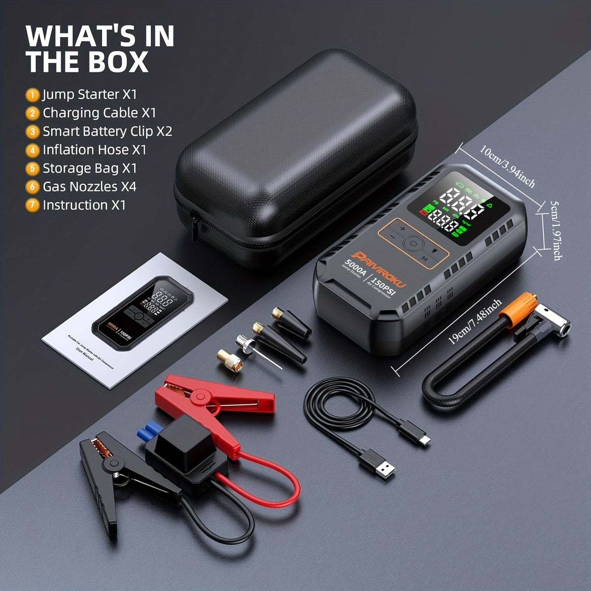 5000A Car Jump Starter with 150 PSI Digital Tire Inflator, 12V Clamps and 44.4Wh, 59.2Wh or 74Wh Options — image 3