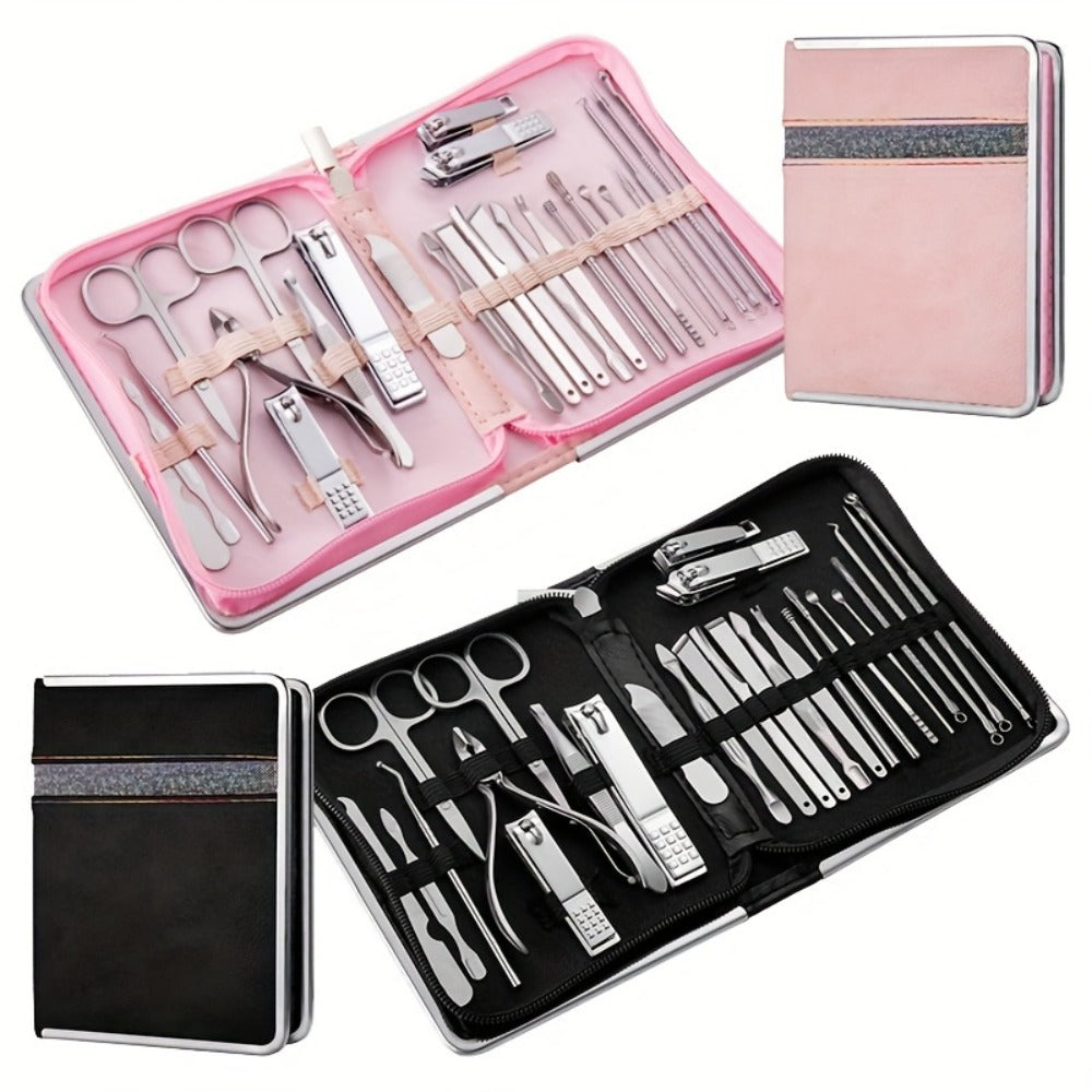 Manicure Pedicure Set 26pcs Pink Stainless Steel – Precision Nail Clippers Cuticle Nipper & Dead Skin Scissors 45° Blade Prof