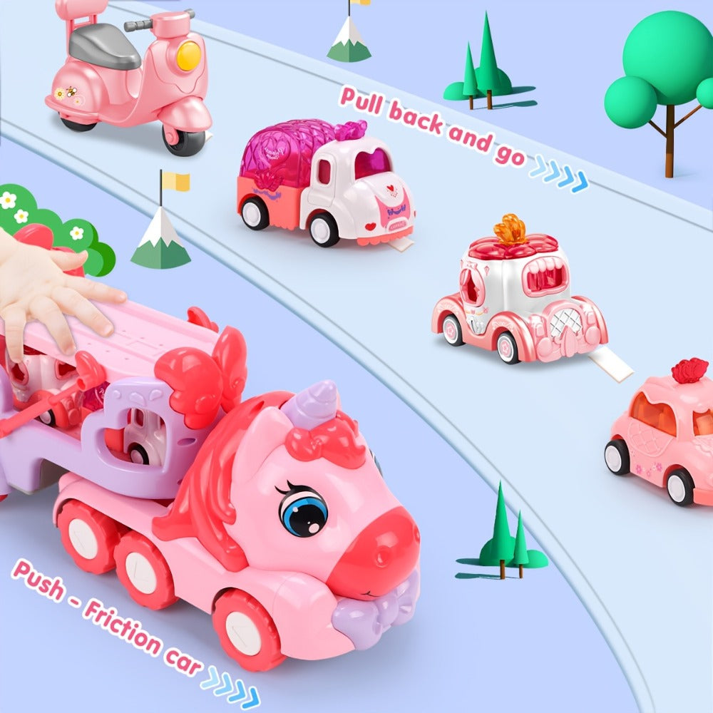 Pink Carrier Truck Toy with 4 Mini Cars, Music & Lights, Battery Powered Pull-Back Transport Vehicle for Girls Boys Ages 3+ —