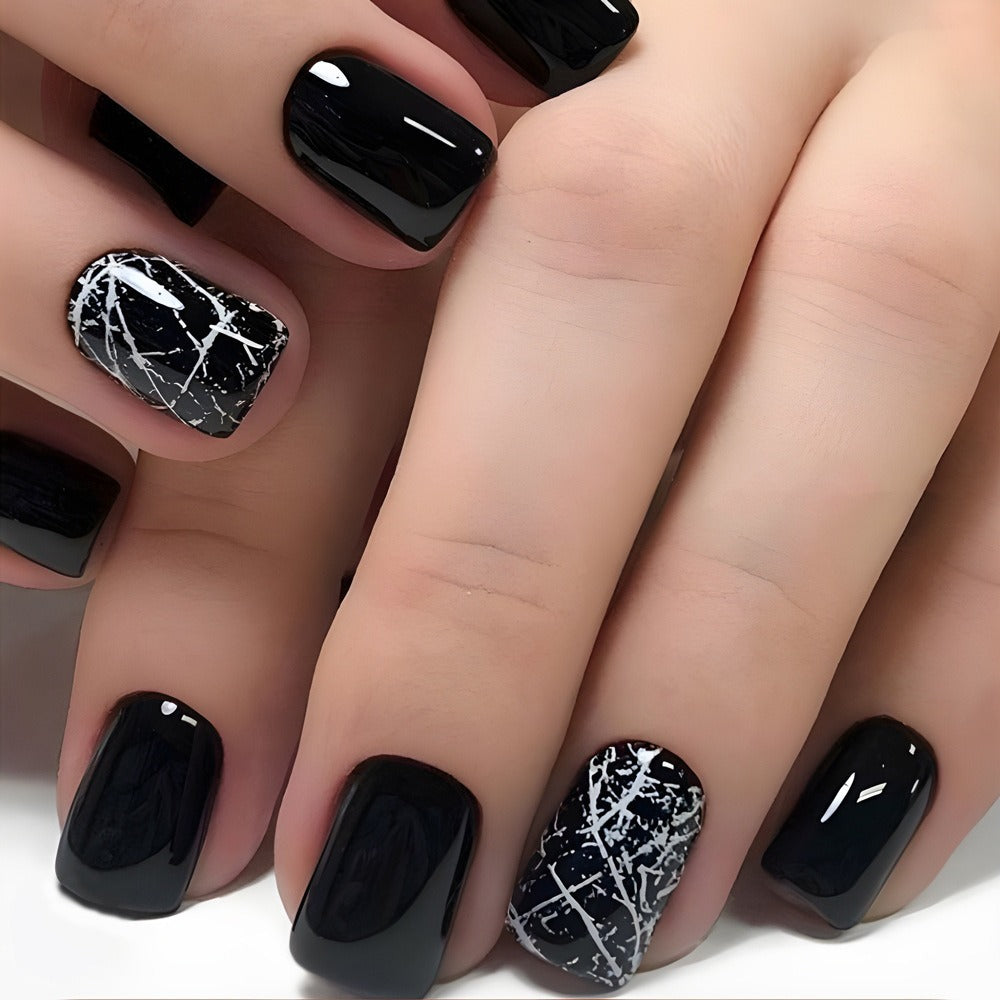 Press On Nails 96-Piece Short Square Black Ice-Crack Pattern Glossy Full-Cover Set with Nail Glue — image 8