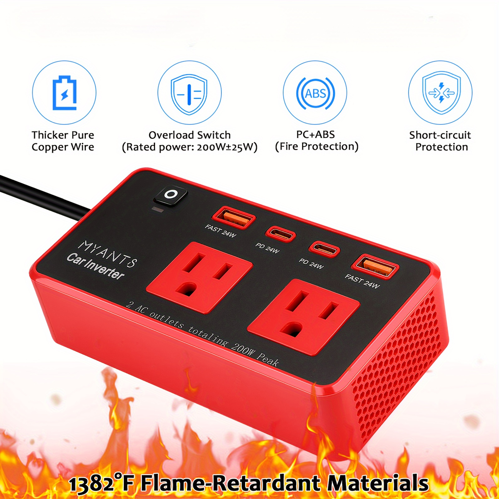 Red 200W Car Power Inverter with Two AC Outlets, USB-A and USB-C Ports, Switch and 12V Plug — image 7