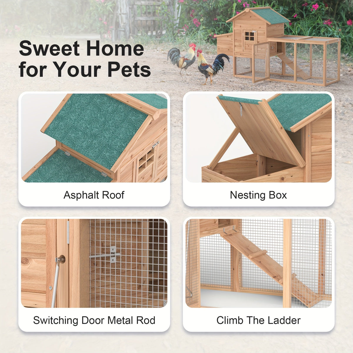 Wooden Rabbit Hutch Outdoor Chicken Coop with Run Nesting Box Ramp Sliding Tray Asphalt Roof Fir Wood for Garden, Patio and Y