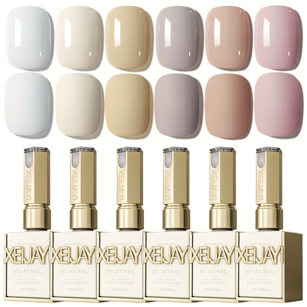 Gel Nail Polish 6-Color Gentle White Set with Milk-Tea, Cherry-Blossom Pink and Soft Shades for UV/LED Soak-Off Cure — image 
