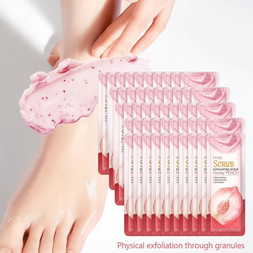 Peach Body Scrub with Jojoba Beads, Fifty 0.11oz Travel Sachets for Foot and Body Care at Home — image 9