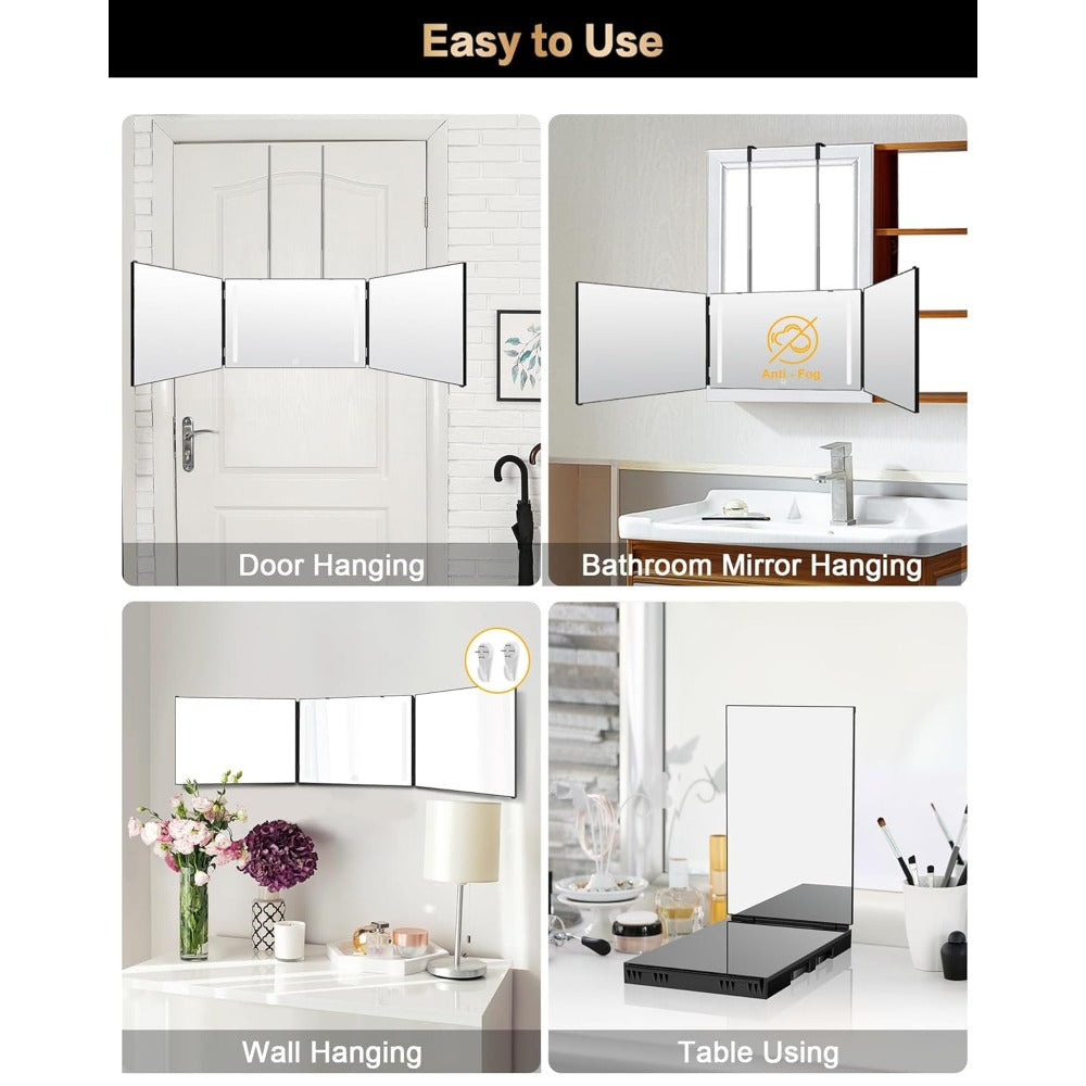 Hair Cutting Mirror 3 Way with LED Light – 360° View Trifold Barber Mirror, Adjustable Height, Door Hang Wall Mount or Tablet