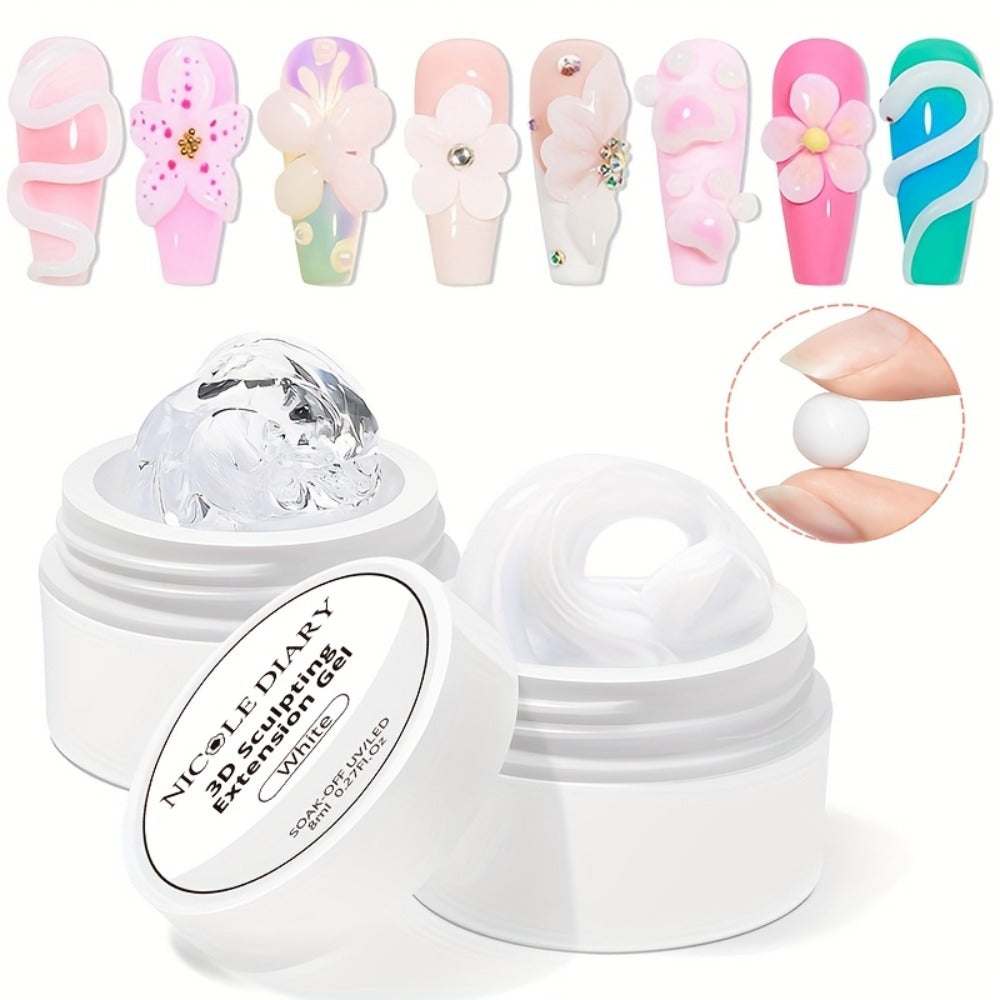 3D Sculpting Builder Gel Kit with Carving Pen – Clear & White Nail Extension Gel for Floral Nail Art, Acrylic Extensions & DI
