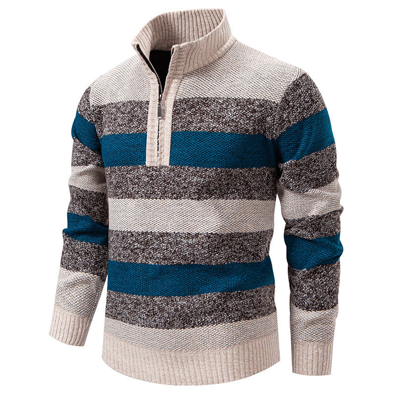Mens Color-Block Stand-Up Collar Half-Zip Fleece-Lined Thermal Sweater