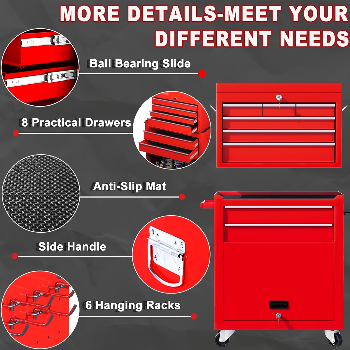Rolling Tool Chest, 8-Drawer Alloy Steel 2-in-1 Mobile Workbench Detachable Top Lockable Wheels Garage for Garden — image 8