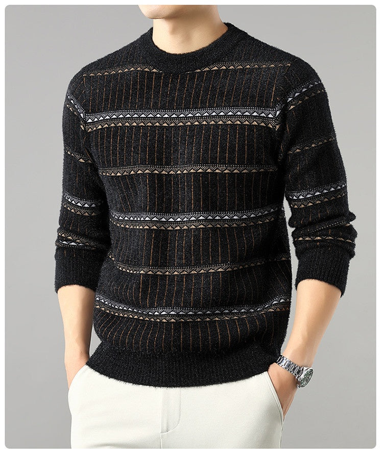Mens Knitted Fleece-lined Thick Crew-neck Faux Mink Sweater