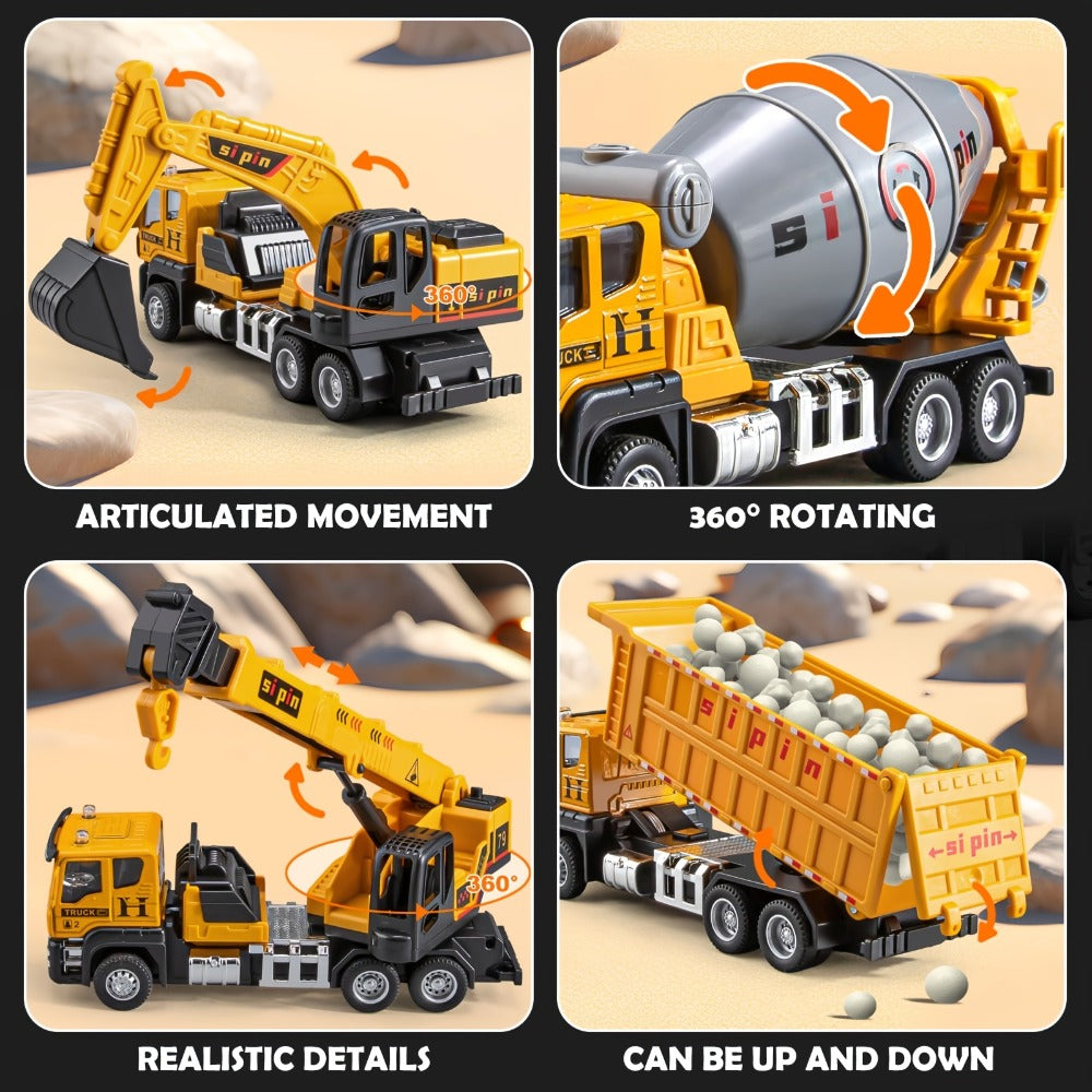 Die-Cast Construction Vehicle Toy Set, Mini Alloy Excavator, Dump Truck, Cement Mixer & Crane Trucks for Toddlers Boys Ages 3