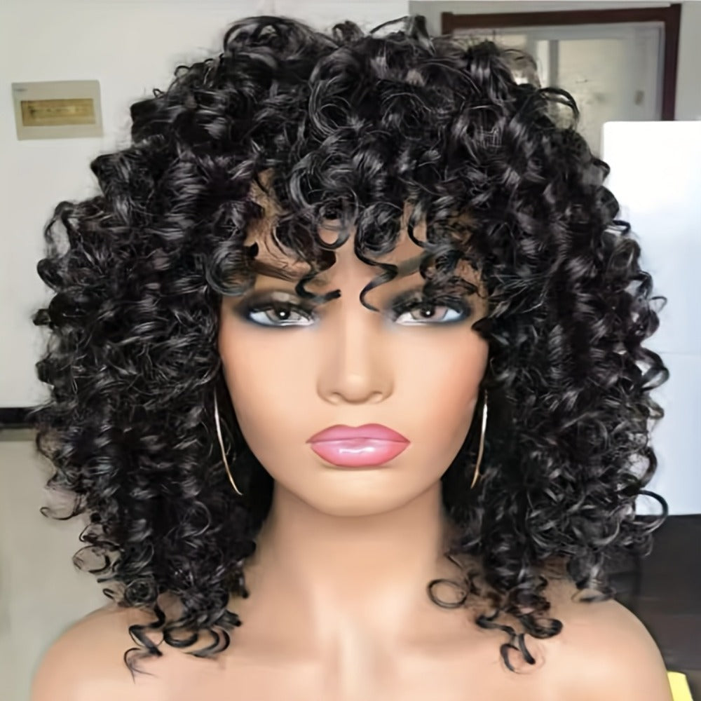 Synthetic Wig 14-Inch Kinky Curly Afro with Bangs in Black, Granny Gray or Dark Brown for Daily Styling — image 4