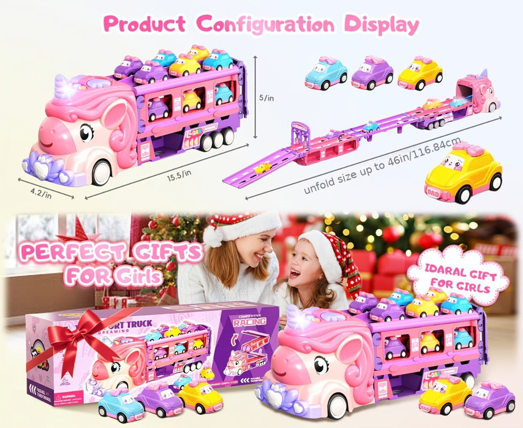 Pink Unicorn Monster Truck Track Set with 8 Princess Cars, Lights & Sounds with the Listed Color, Size or Set Options for Eve