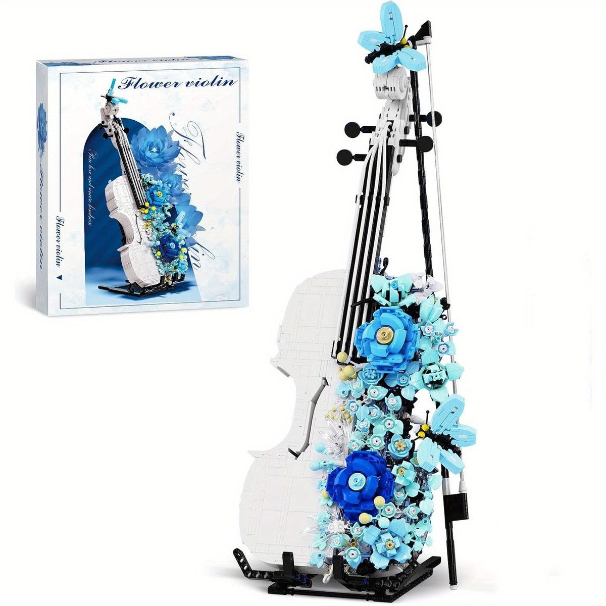 1419-Piece Flower Violin Building Block Model with Brick-Built Stand, Blue Blooms and Panel Detail — image 1