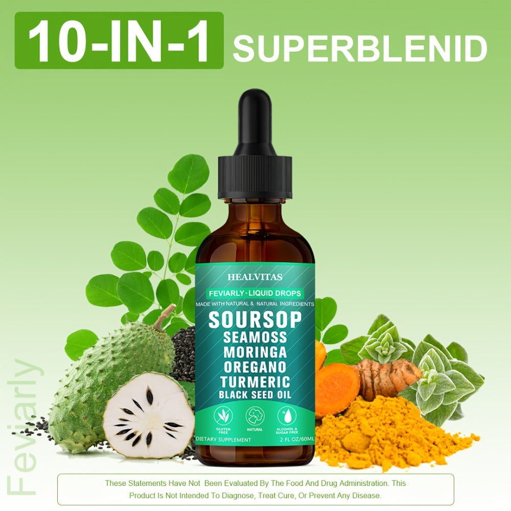 Soursop Bitters Liquid Drops 10-in-1 with Sea Moss Moringa Turmeric Black Seed Oil Oregano for Bath Time, Home Spa and Person