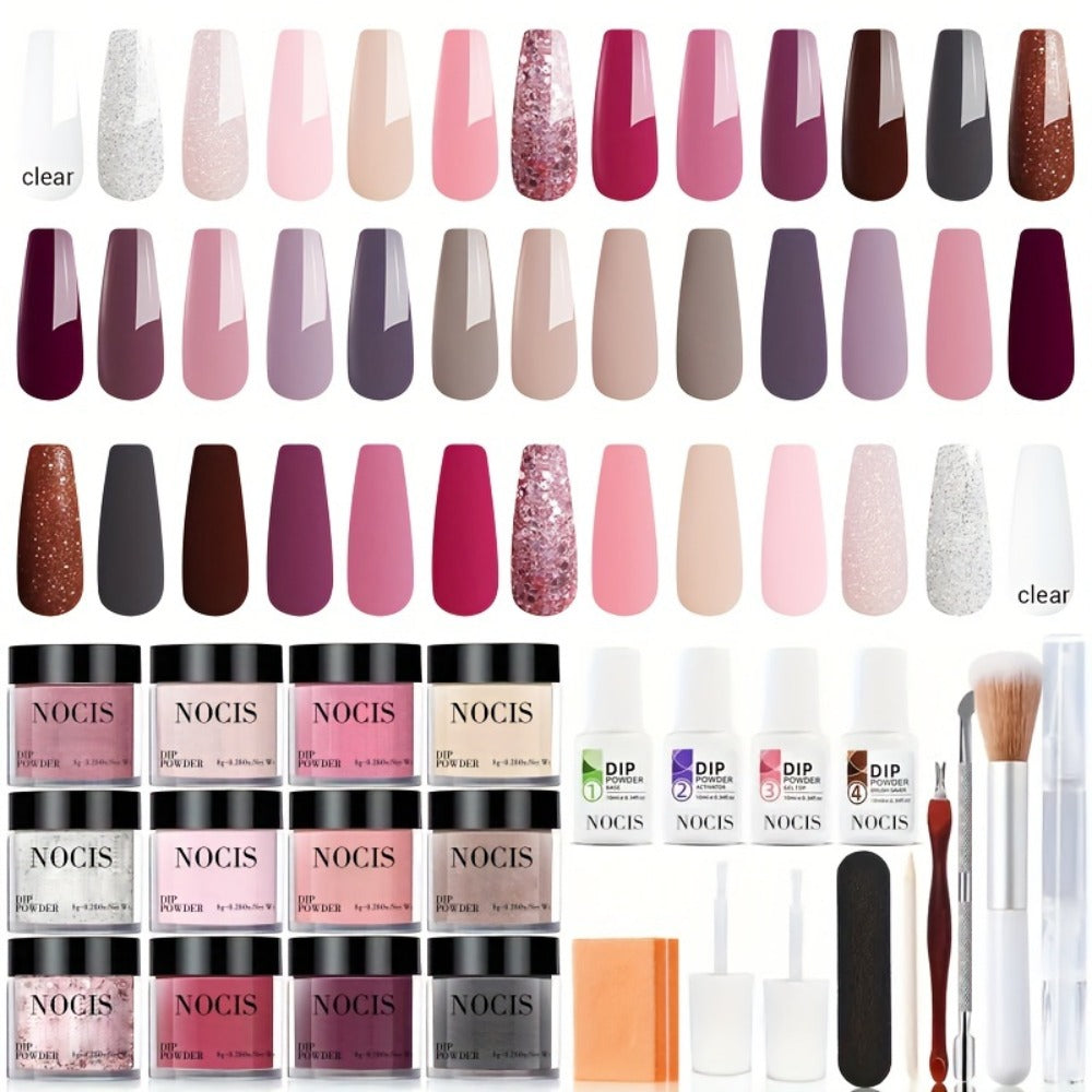 Dip Powder Nail Kit with NOCIS Label, 20 Pink Purple Brown Glitter Powders, Four Liquids and Nail Tools — image 1