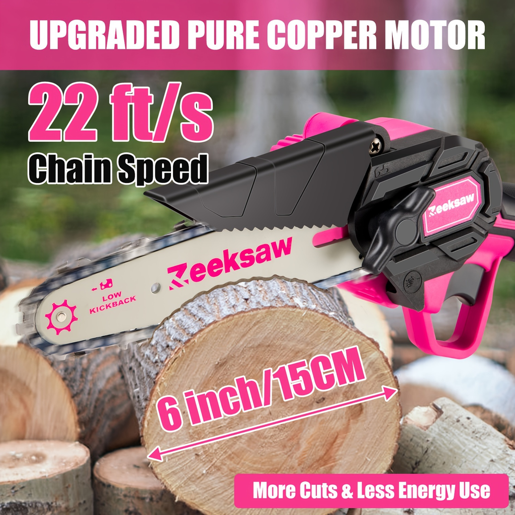 Pink 6-Inch Mini Cordless Chainsaw Kit with Two Batteries, Charger, Carry Case, Spare Chains and Clear Eyewear — image 7