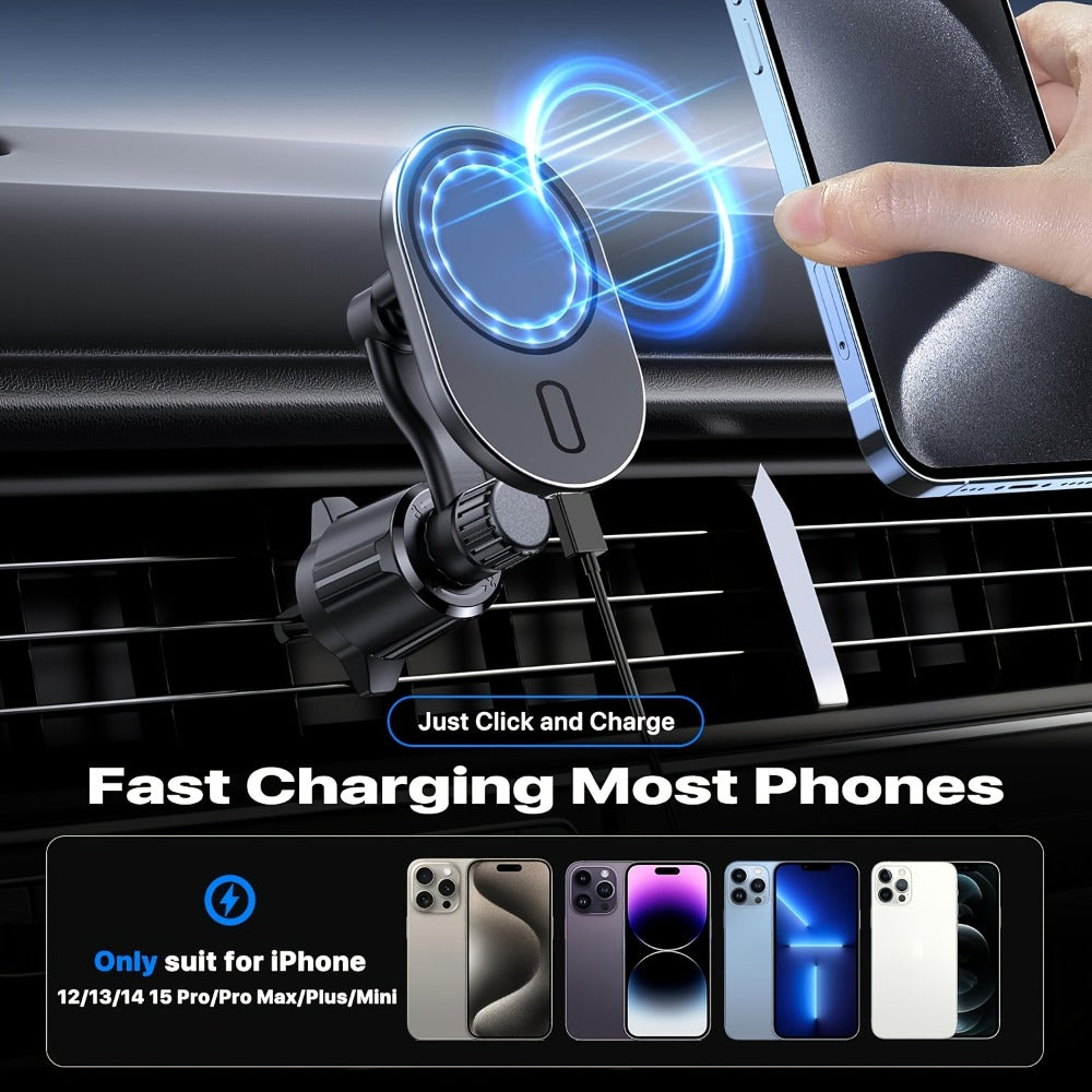 Magnetic Wireless Car Charger Phone Mount 15W Fast Charging – 360° Rotation Air Vent Car Phone Holder Compatible with iPhone 