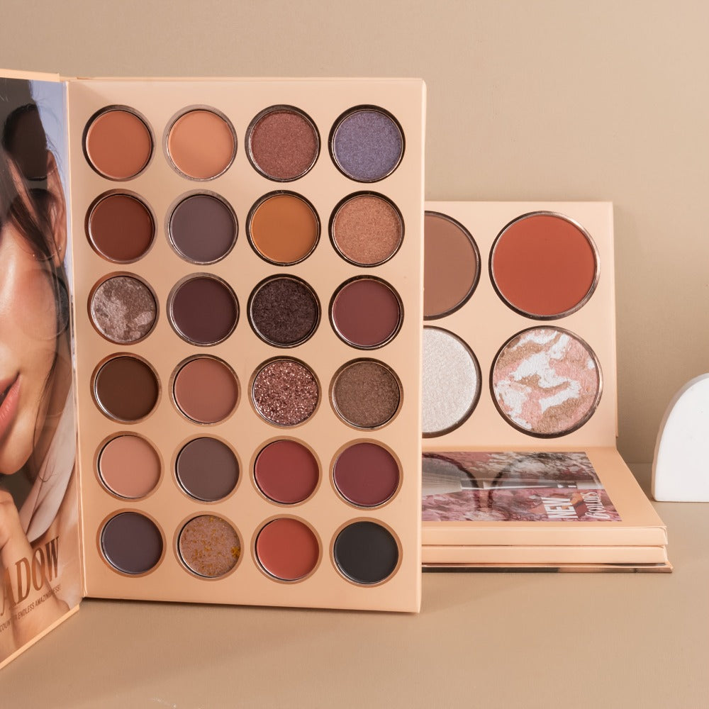3-in-1 Eyeshadow Blush Highlighter Palette Loose Powder Book-Style Folding Compact Buildable, for Makeup, Travel and Everyday