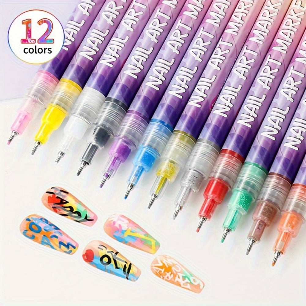 Acrylic Nail Art Pen Set 12 Colors 3D Doodle & Dot Stitching Pens, Quick Drying Precision Fine Tip — image 6