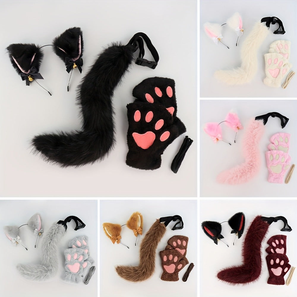 Cat Costume Set 3 Piece, Bell Ear Headband, Plush Paw Gloves & Adjustable Tail for Halloween, Cosplay — image 2