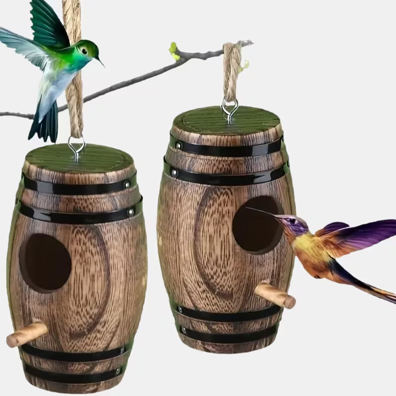 Hummingbird Nest Handcrafted Wood Vintage Barrel Hanging Outdoor Decor — image 4