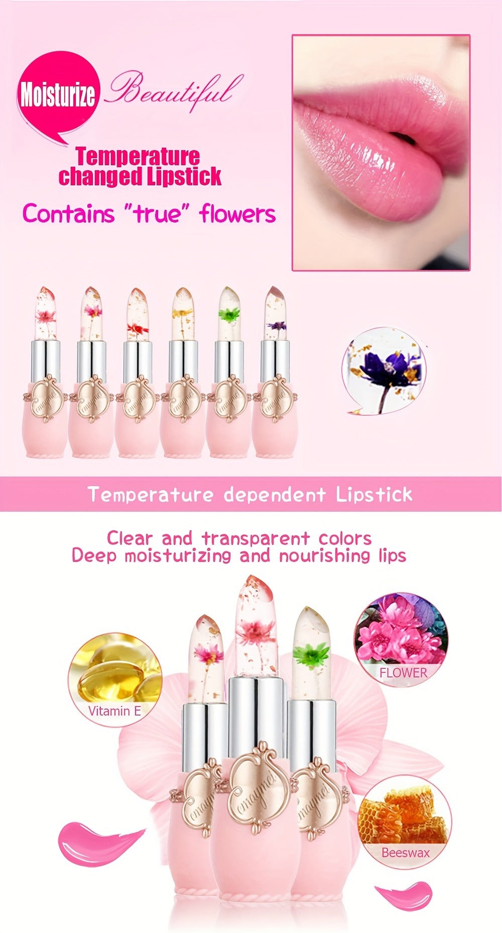 Lip Balm emaymei 6-Piece Flower Jelly Stick Set with Clear Gloss Texture and Pink Gift Box — image 12