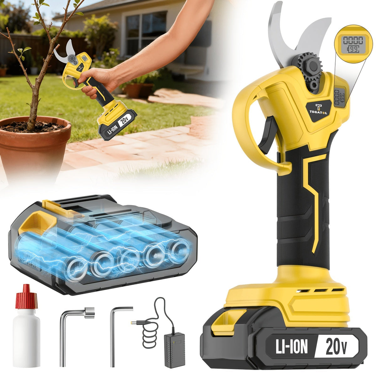 20V-Labeled Cordless Pruning Shears with Display, Yellow or Green Body and One- or Two-Battery Kits — image 1