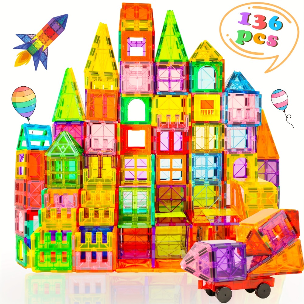Magnetic Tiles Building Set for Kids 3 4 5 6 7 8 – 80 106 136 205pcs Clear 3D Magnet Building Blocks STEM Educational Toy Chi