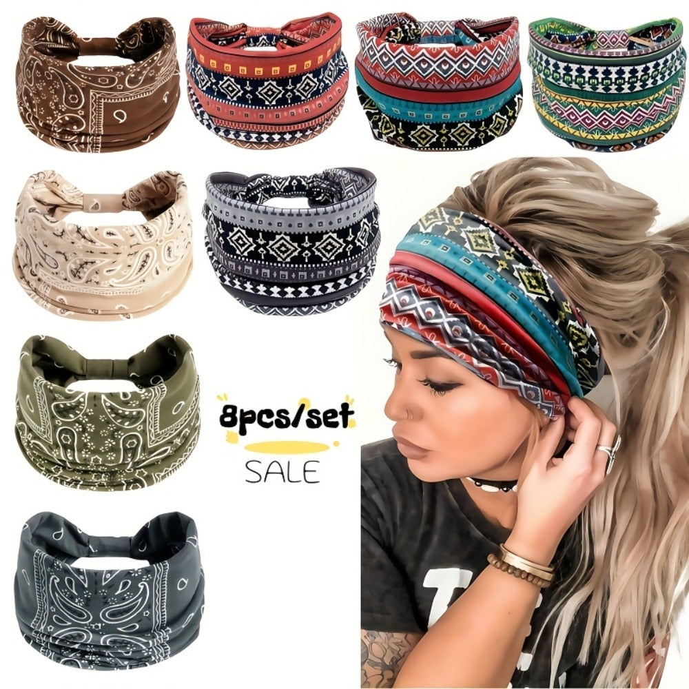 Floral Turban Headbands for Women 8 Pack Non-Slip Elastic Boho Knotted Wide Hair Wrap for Sports Yoga Running Workout Sweatba