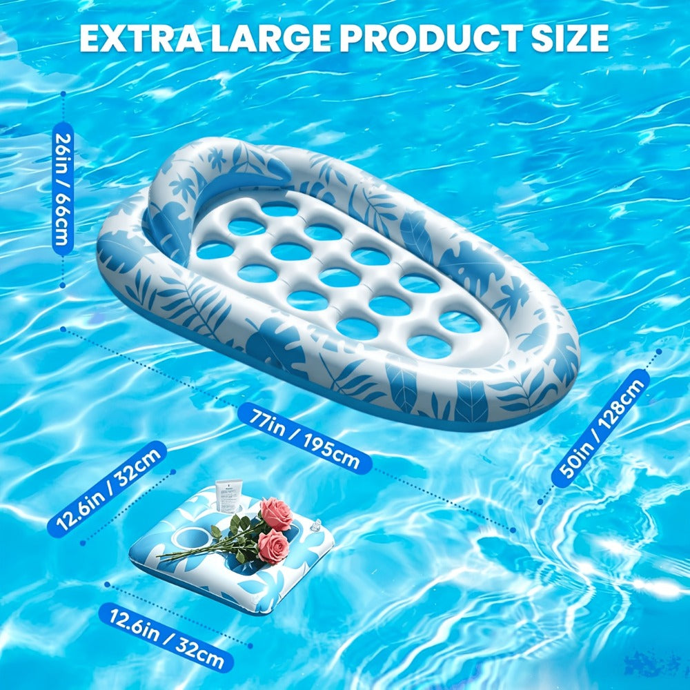 Blue-and-White Inflatable Pool Lounger with Backrest, Cup Holder and 77 x 50-Inch Pictured Size — image 2