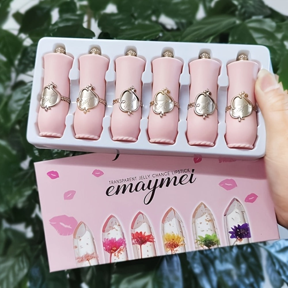 Lip Balm emaymei 6-Piece Flower Jelly Stick Set with Clear Gloss Texture and Pink Gift Box — image 3