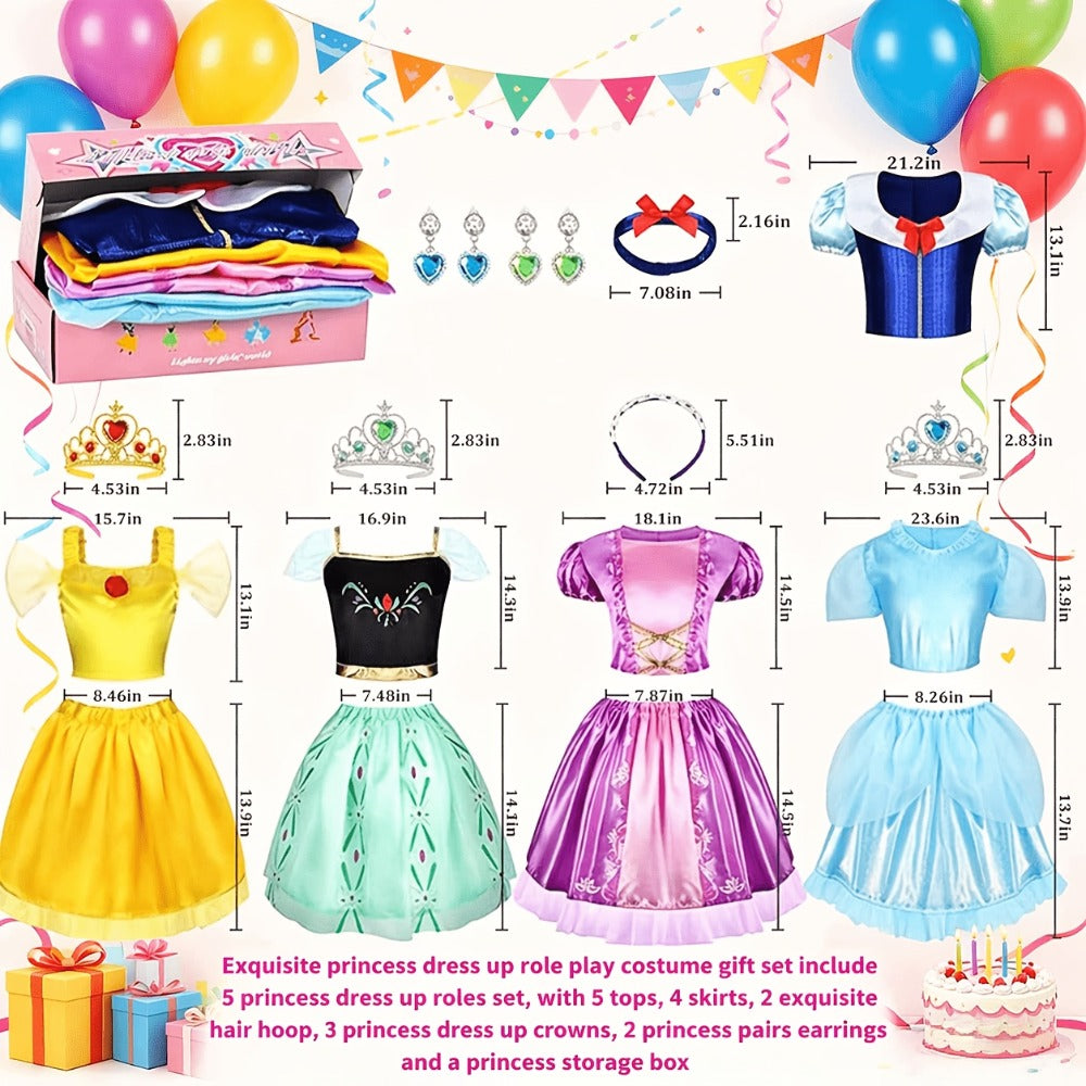 Girls Princess Dress Up Costume Set 14pcs, 5 Role Play Outfits with Crowns, Earrings & Storage Box — image 3