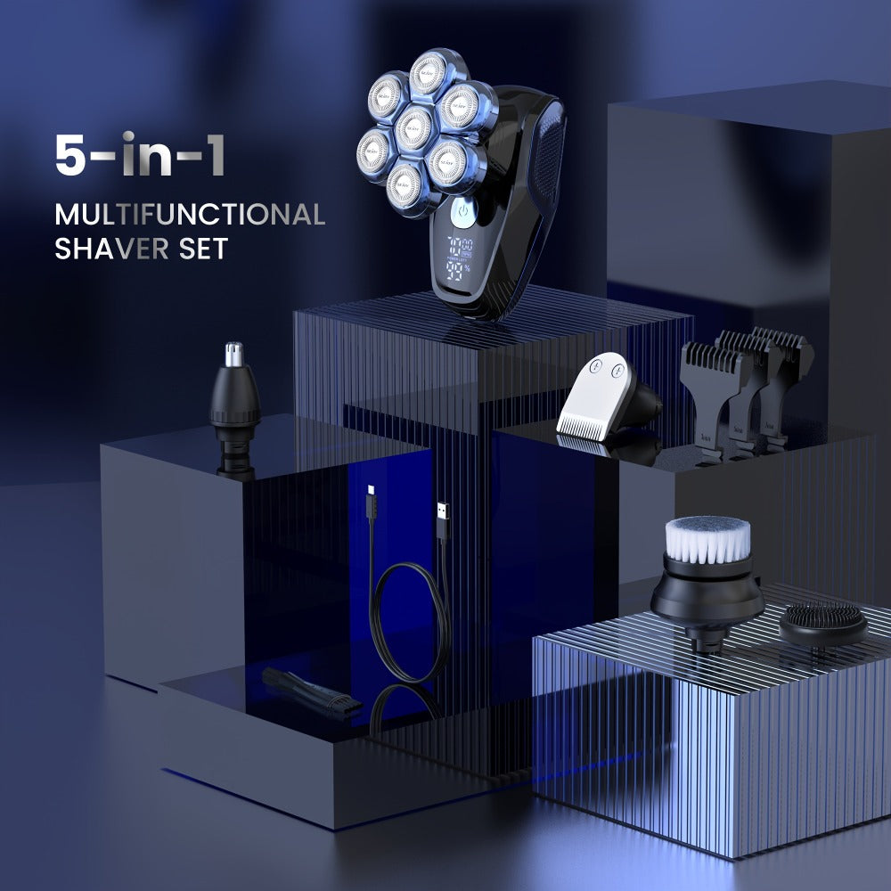 Electric Head Shaver for Bald Men 7D 7 Floating Heads – All-in-One Grooming Kit with Nose Hair Trimmer & Facial Cleaning Brus