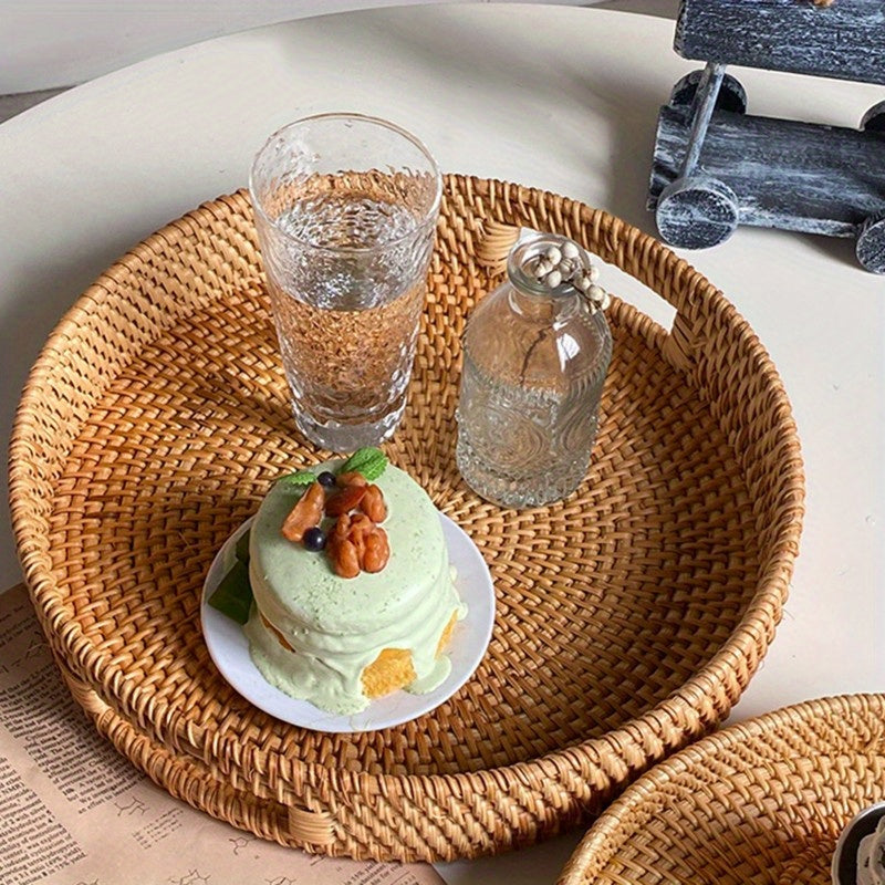 Serving Tray Basket – Hand-Woven Round Rattan Organizer for Fruits Bread Snacks, for Home Cooking, Dining and Outdoor Meals —