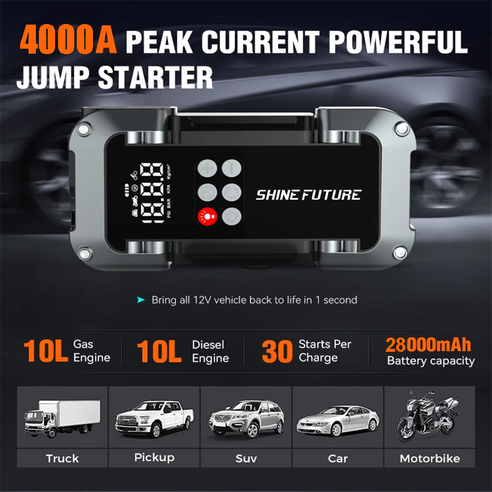 Portable Jump Starter Kit 4000A Peak 6-in-1 Battery Booster with Tire Inflator Power Bank Lithium for Garden, Patio and Yard 