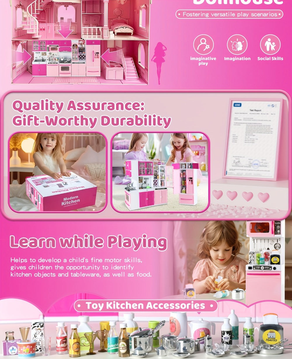 Pink Kitchen Toy Set 64pcs with Lights & Sounds, Mini Furniture Doll Playset for Girls, Pretend Play Kitchen Accessories — im