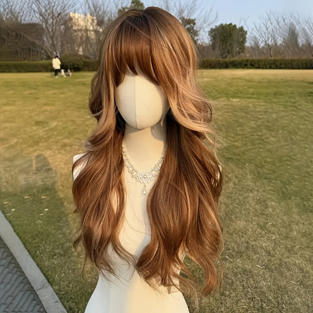 Synthetic Wig 24-Inch Light Brown Body Waves with Golden Highlights, Bangs and Rose Net Cap — image 3